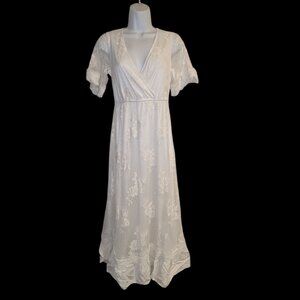 Lulus Short Sleeve Ivory Lace Overlay Ruffled Country Boho Style Long Maxi Dress